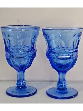 2 Fostoria Argus Blue Wine Glasses 1980s thumbprint goblets glass stemware decor